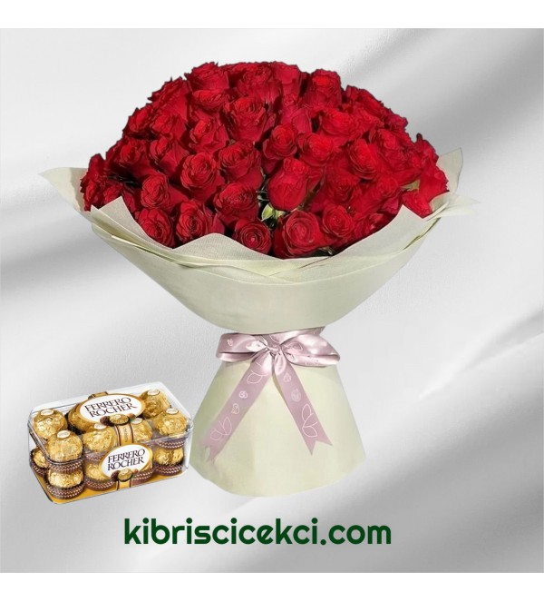 71 Kırmızı Gül Buketi 16'lı Ferrero Çikolata